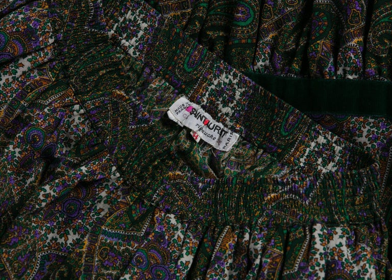 1970s Yves Saint Laurent YSL Green Paisley Challis Wool Russian Peasant Skirt