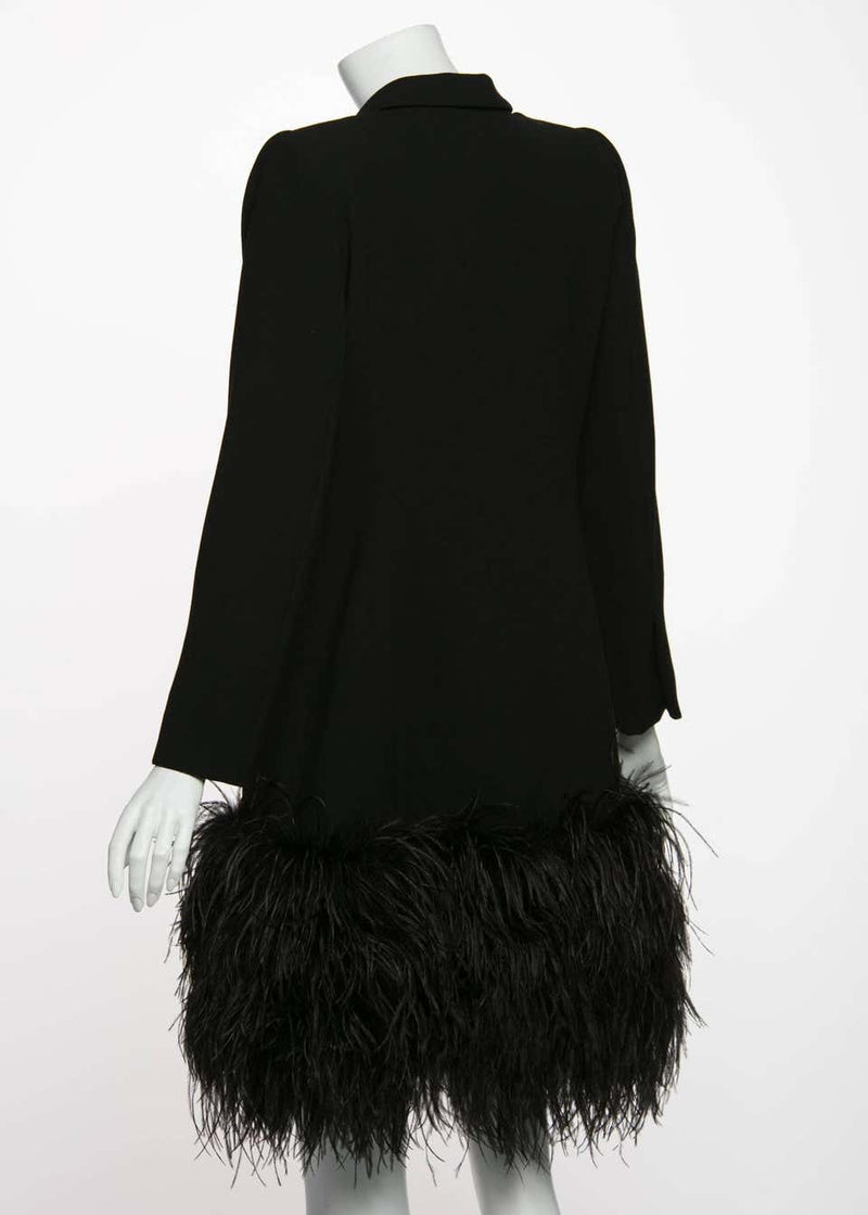 1980s Galanos Couture Black Wool Satin Lapels Feather Coat