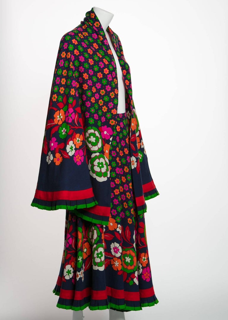 1970s Lanvin Haute-Couture Multicolored Florals Wool Skirt & Shawl Set
