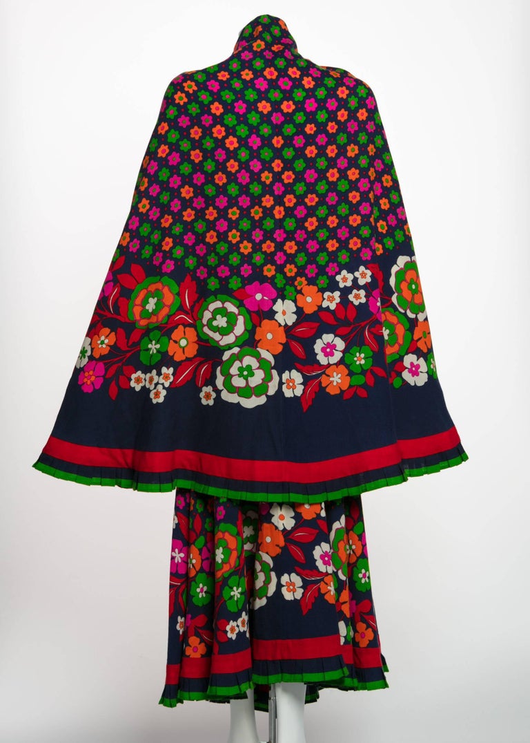 1970s Lanvin Haute-Couture Multicolored Florals Wool Skirt & Shawl Set