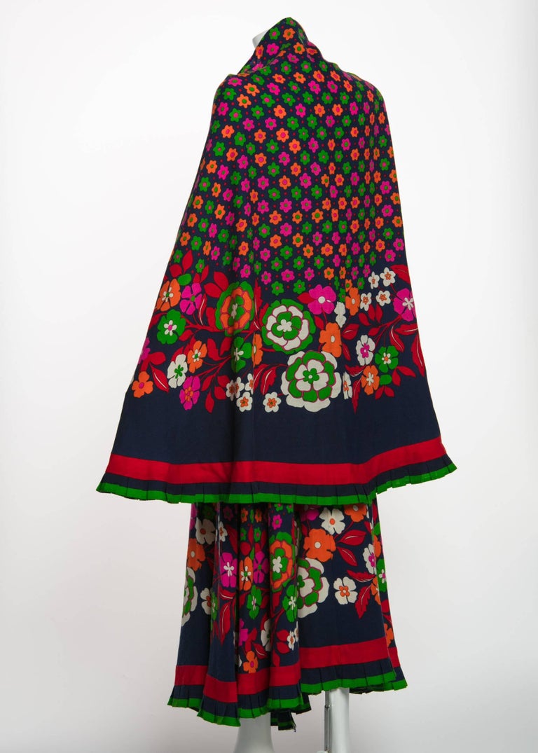 1970s Lanvin Haute-Couture Multicolored Florals Wool Skirt & Shawl Set