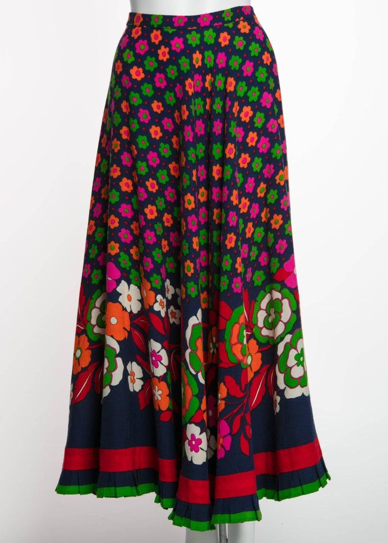 1970s Lanvin Haute-Couture Multicolored Florals Wool Skirt & Shawl Set