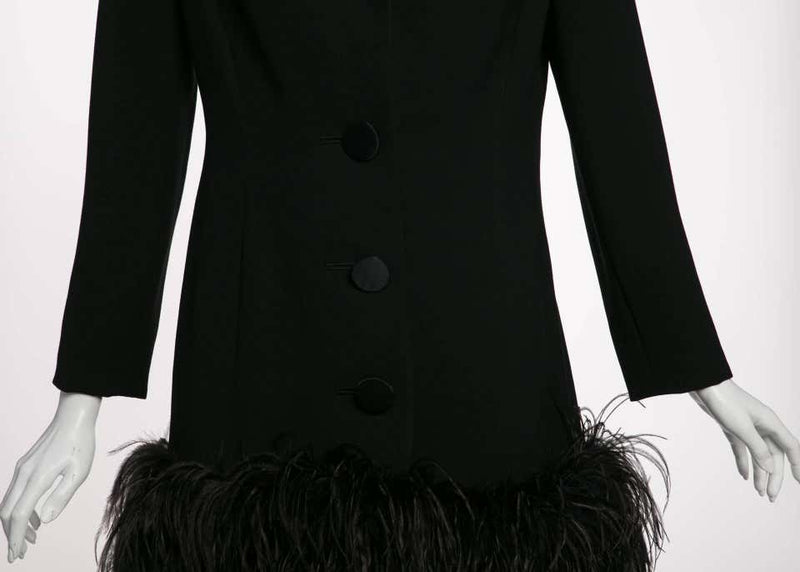 1980s Galanos Couture Black Wool Satin Lapels Feather Coat