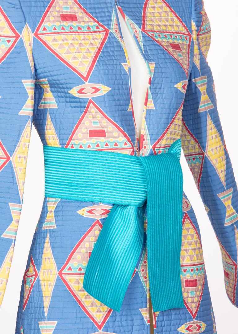 Mary McFadden Blue Silk Quilted Belted Duster Coat, 1980s