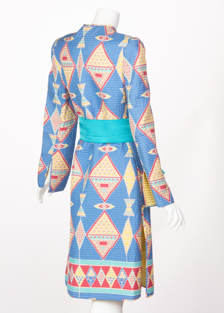 Mary McFadden Blue Silk Quilted Belted Duster Coat, 1980s