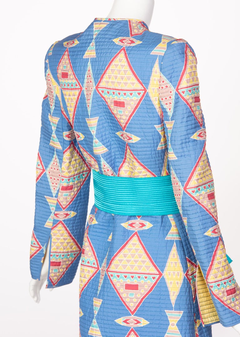 Mary McFadden Blue Silk Quilted Belted Duster Coat, 1980s