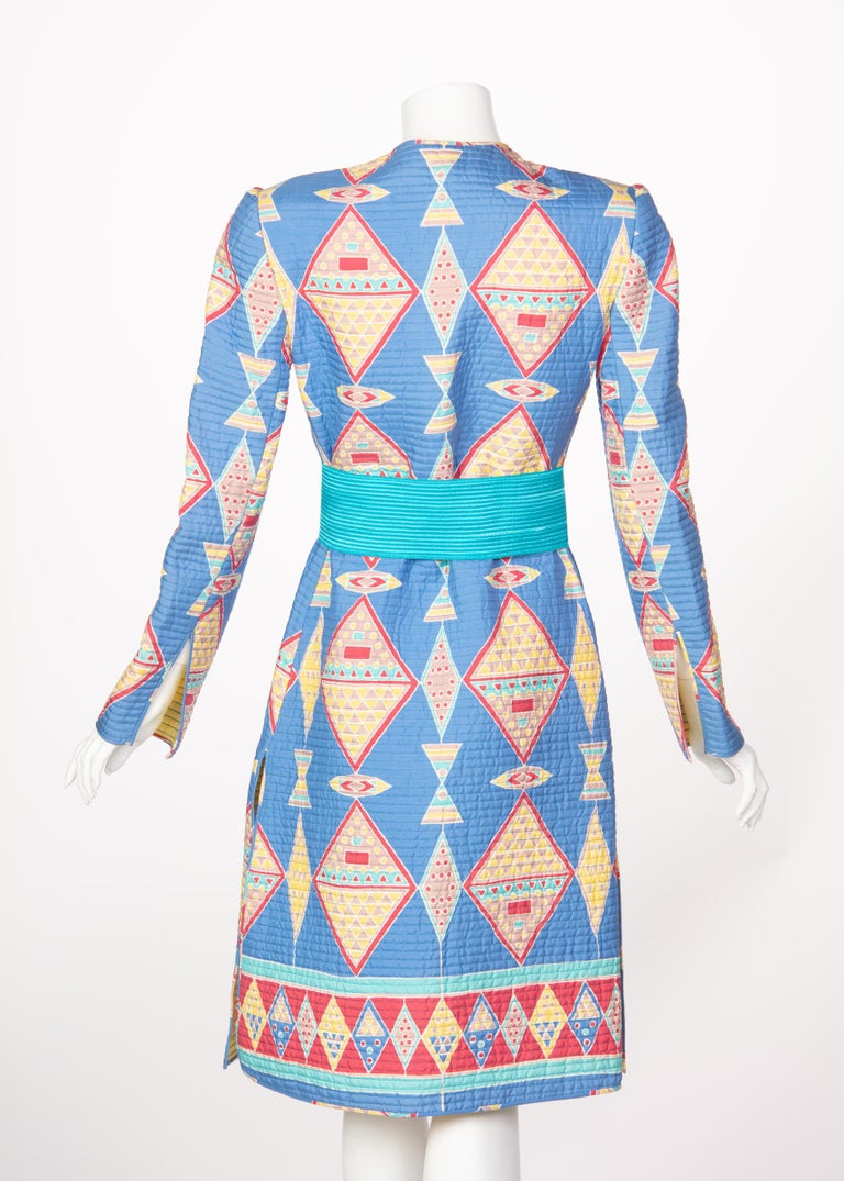 Mary McFadden Blue Silk Quilted Belted Duster Coat, 1980s