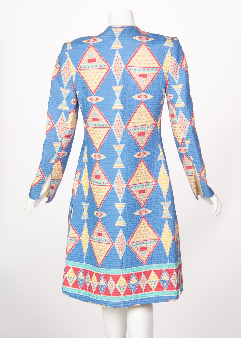 Mary McFadden Blue Silk Quilted Belted Duster Coat, 1980s