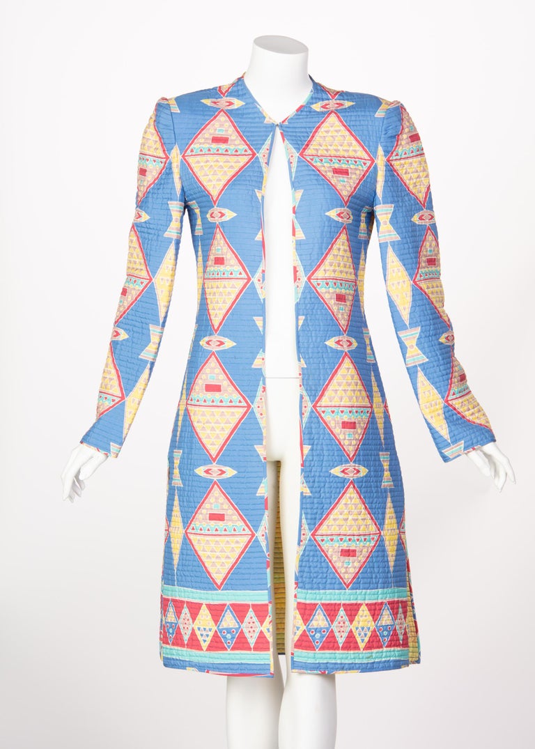 Mary McFadden Blue Silk Quilted Belted Duster Coat, 1980s