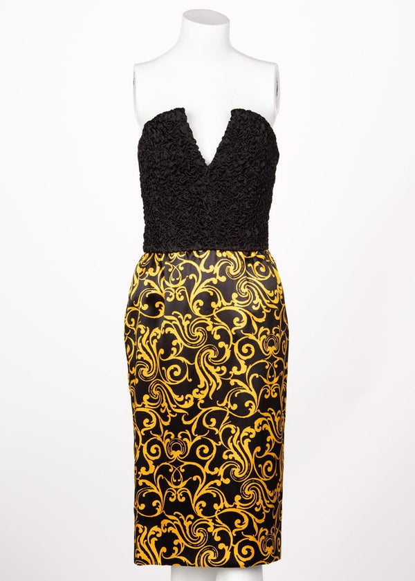 1980s Odicini Couture Black and Yellow Silk Strapless Cocktail Dress and Jacket