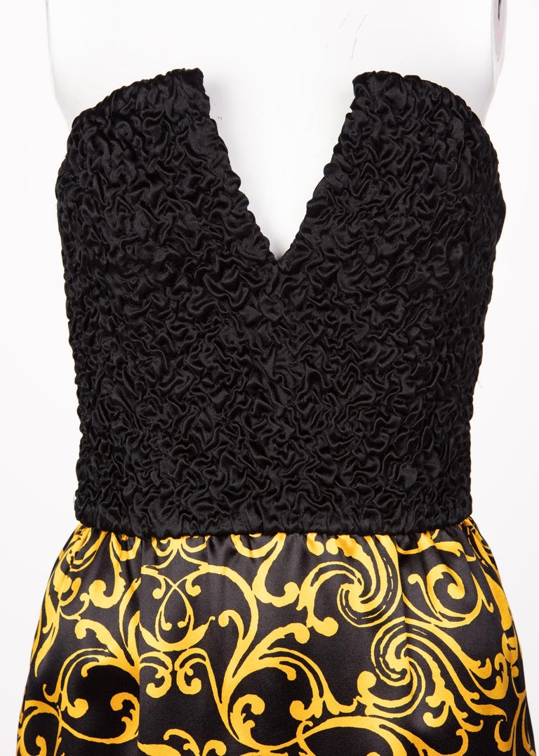 1980s Odicini Couture Black and Yellow Silk Strapless Cocktail Dress and Jacket