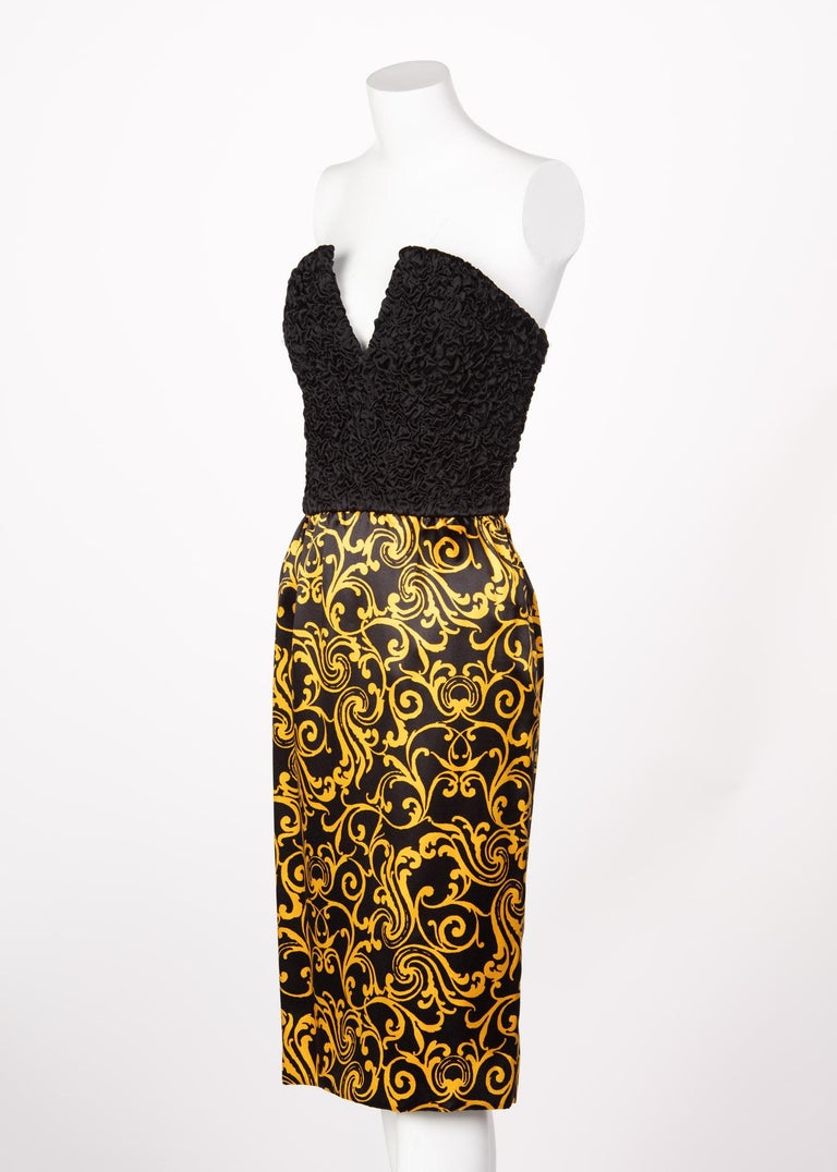1980s Odicini Couture Black and Yellow Silk Strapless Cocktail Dress and Jacket