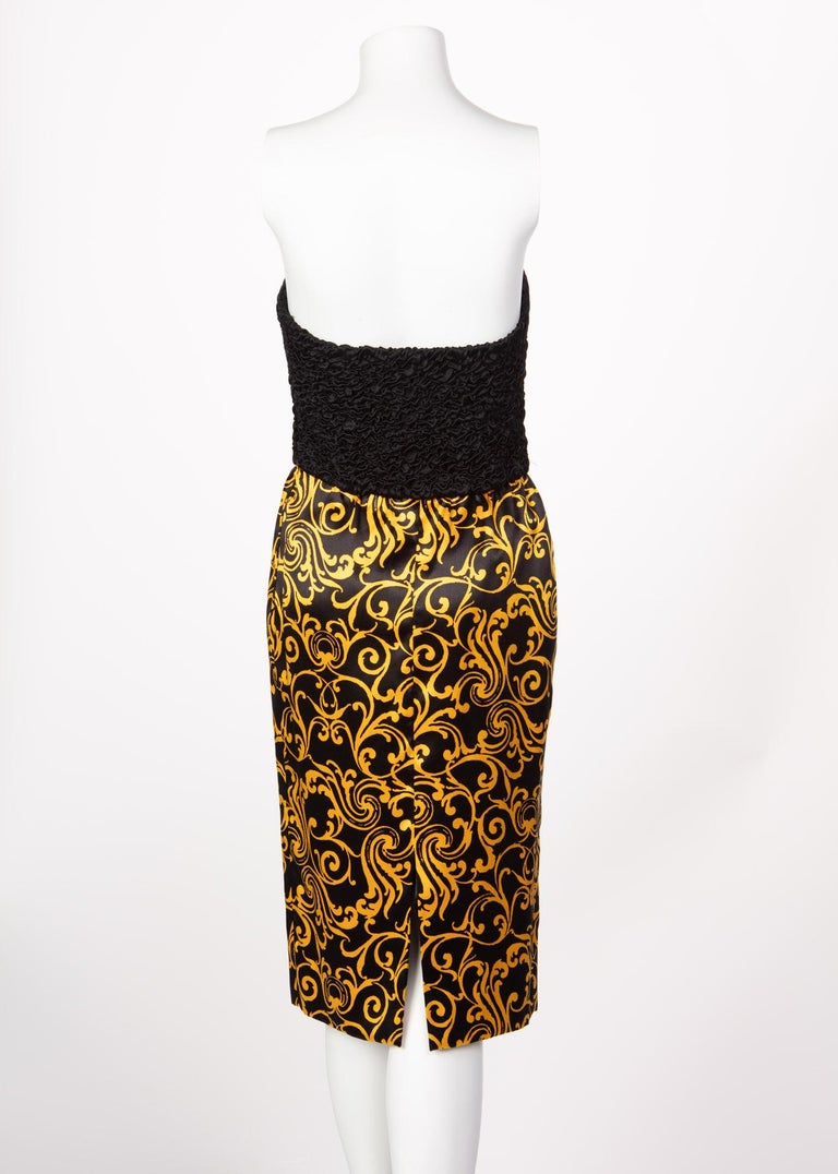 1980s Odicini Couture Black and Yellow Silk Strapless Cocktail Dress and Jacket