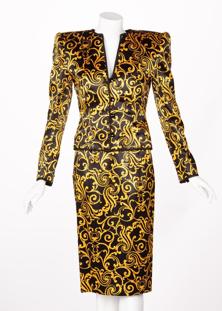 1980s Odicini Couture Black and Yellow Silk Strapless Cocktail Dress and Jacket