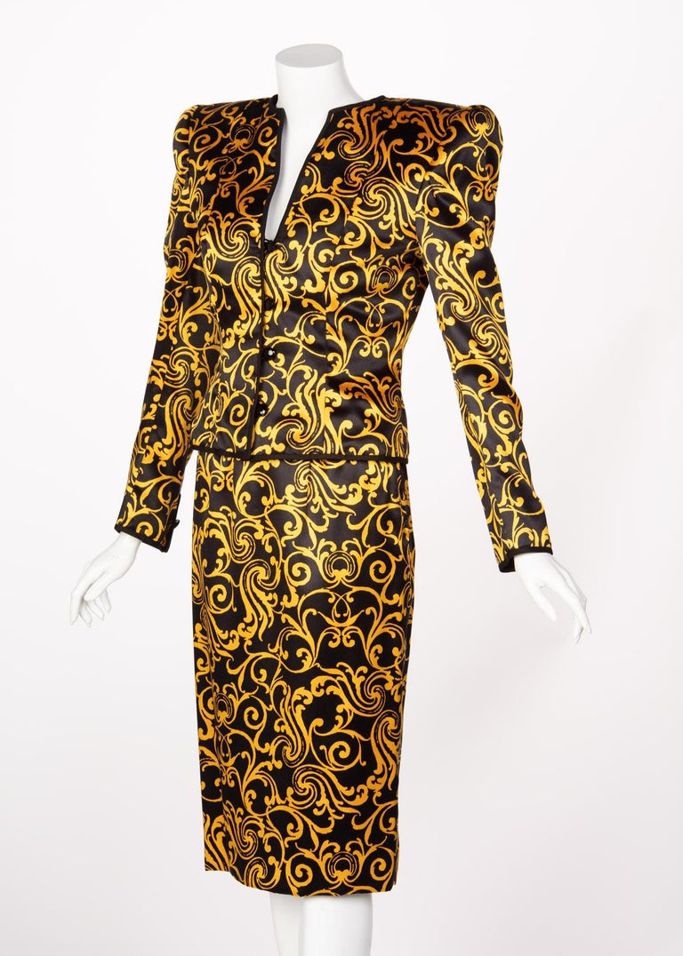 1980s Odicini Couture Black and Yellow Silk Strapless Cocktail Dress and Jacket