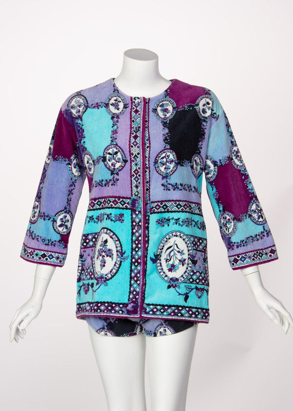 1960s Emilio Pucci Purple Turquoise Velvet Terry Romper Cover-Up