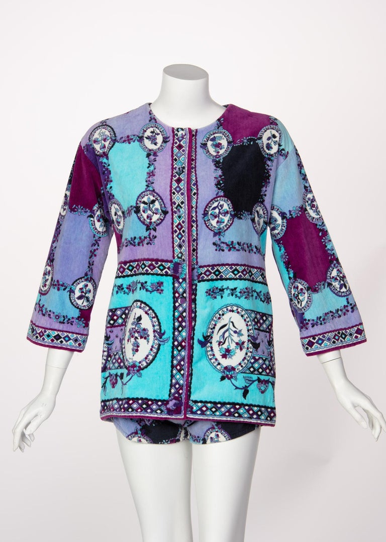 1960s Emilio Pucci Purple Turquoise Velvet Terry Romper Cover-Up