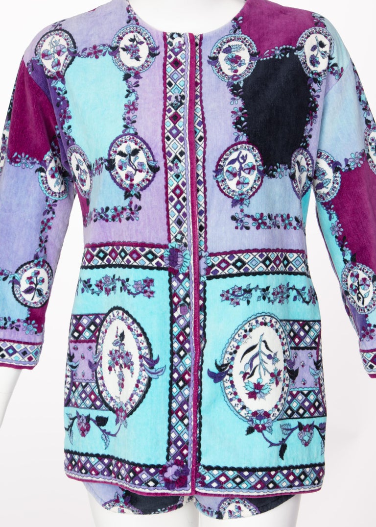 1960s Emilio Pucci Purple Turquoise Velvet Terry Romper Cover-Up