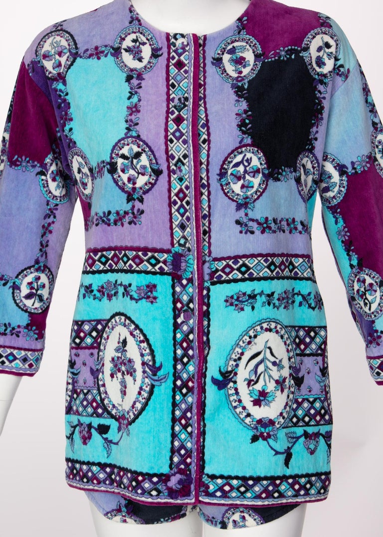 1960s Emilio Pucci Purple Turquoise Velvet Terry Romper Cover-Up