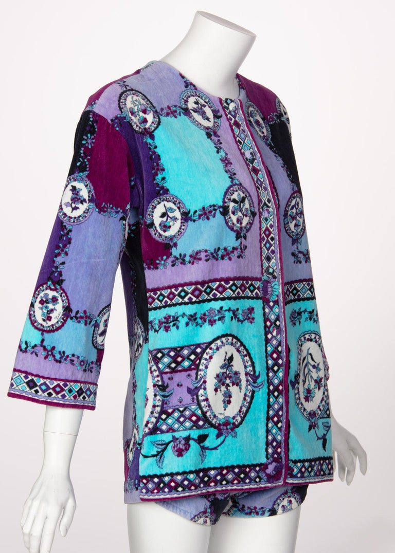 1960s Emilio Pucci Purple Turquoise Velvet Terry Romper Cover-Up