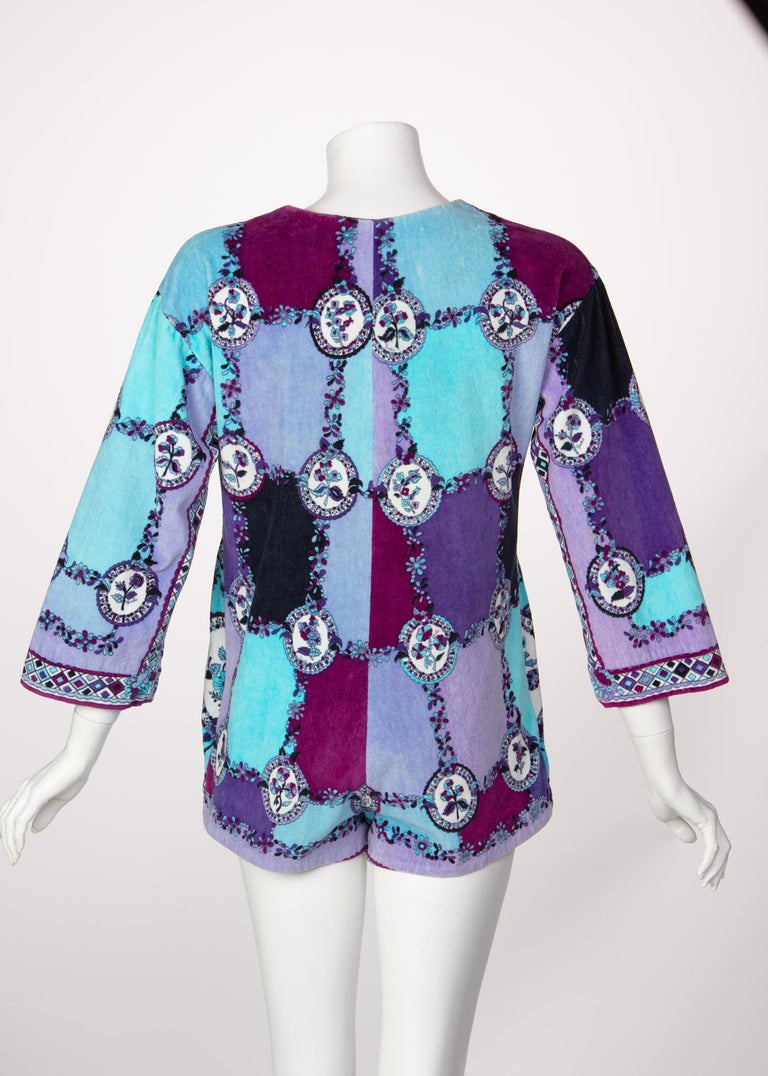 1960s Emilio Pucci Purple Turquoise Velvet Terry Romper Cover-Up