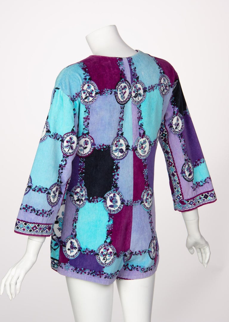1960s Emilio Pucci Purple Turquoise Velvet Terry Romper Cover-Up