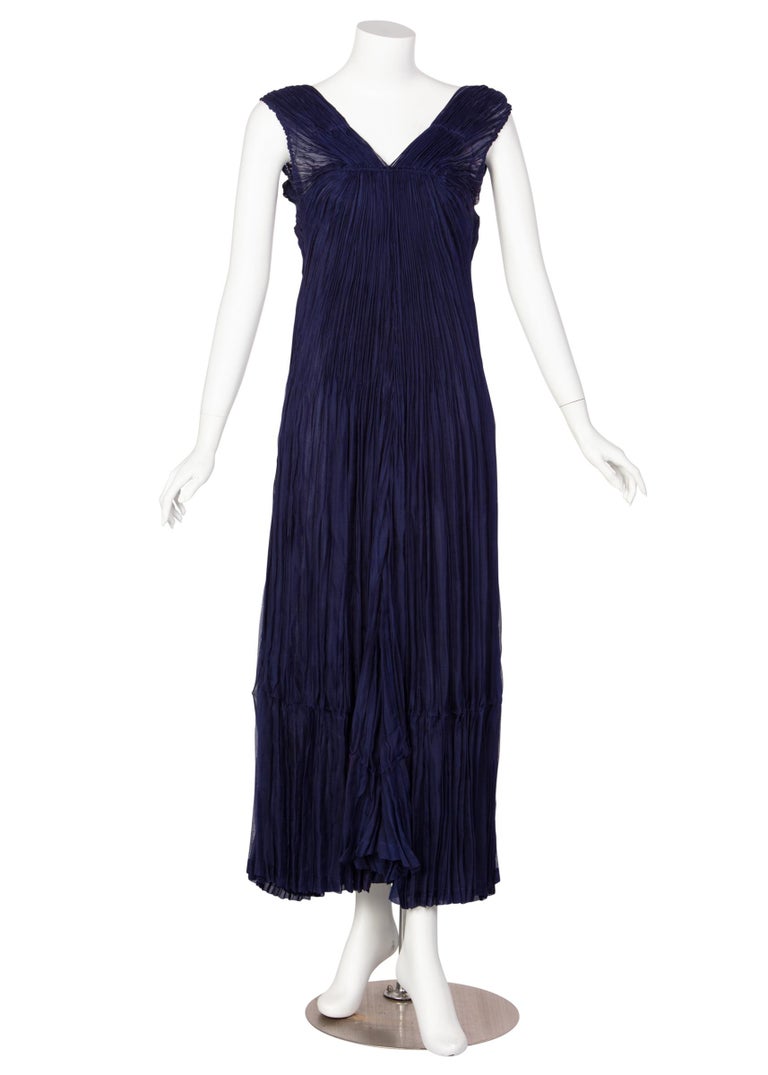 Issey Miyake Blue Pleated Maxi Evening Dress Marbled Lucite Belt