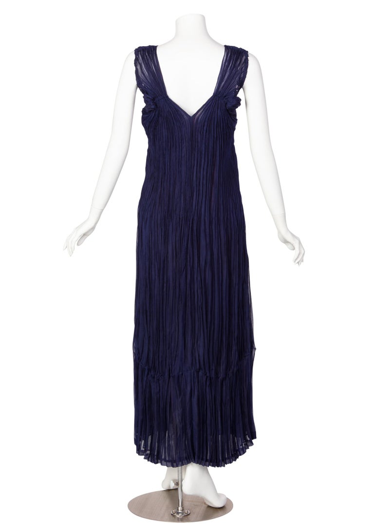 Issey Miyake Blue Pleated Maxi Evening Dress Marbled Lucite Belt