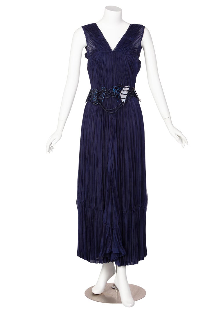 Issey Miyake Blue Pleated Maxi Evening Dress Marbled Lucite Belt