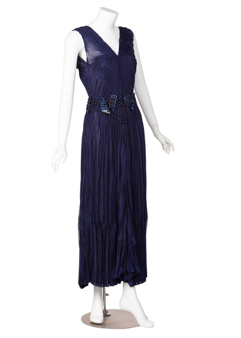 Issey Miyake Blue Pleated Maxi Evening Dress Marbled Lucite Belt