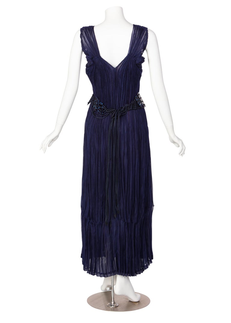 Issey Miyake Blue Pleated Maxi Evening Dress Marbled Lucite Belt
