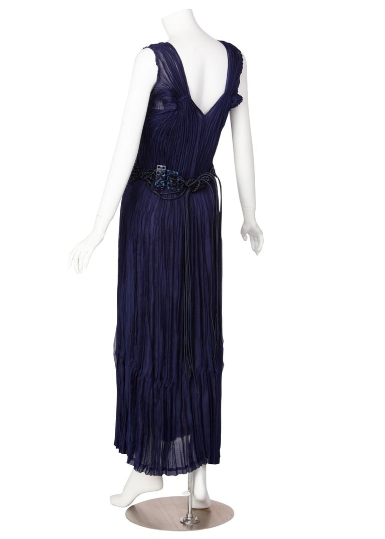Issey Miyake Blue Pleated Maxi Evening Dress Marbled Lucite Belt