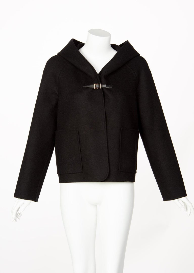 Valentino Black Wool Angora Hoodie Leather Buckle Jacket