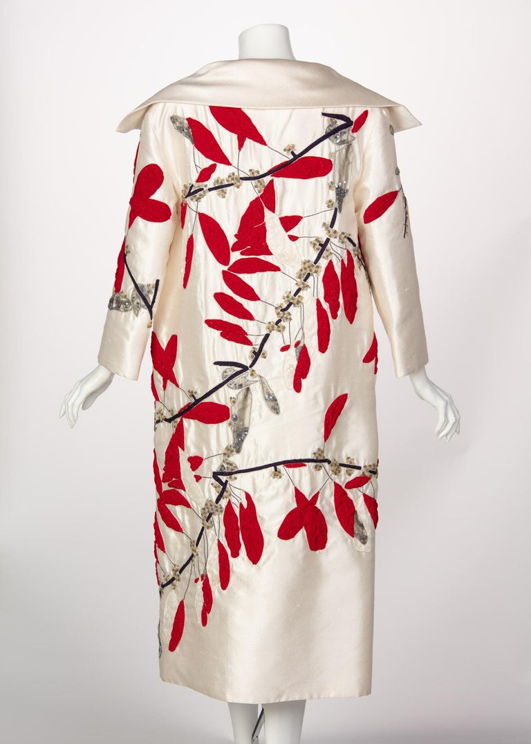 Vintage Valentino Ivory Silk Red Leaves Beaded  Long Evening Coat