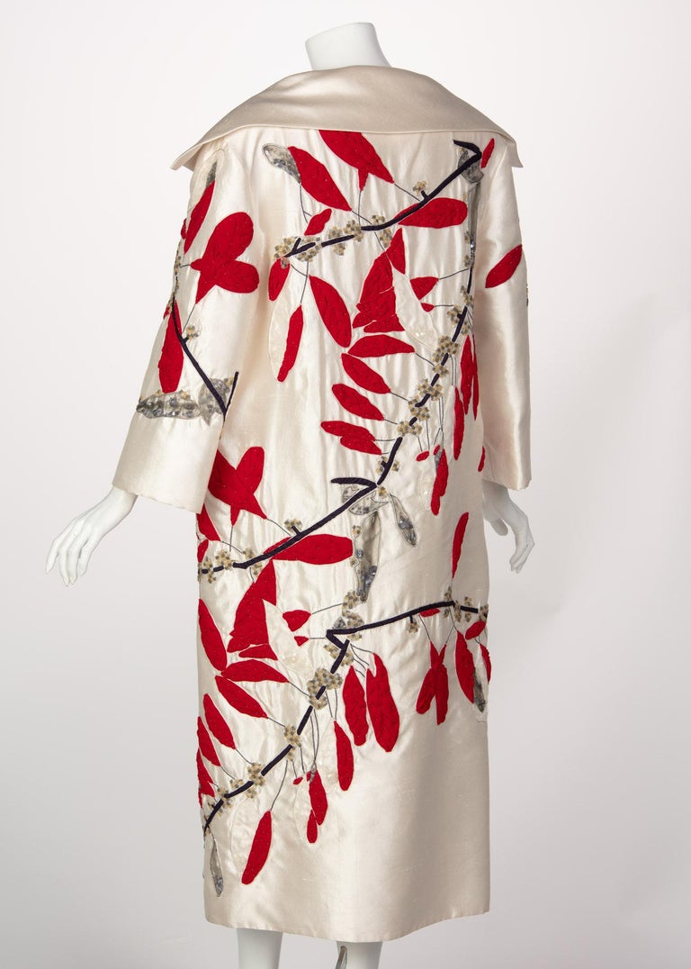Vintage Valentino Ivory Silk Red Leaves Beaded  Long Evening Coat