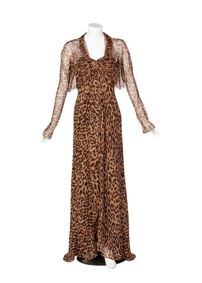 Pamella Roland Silk Leopard Print Strapless Evening Gown and Shawl