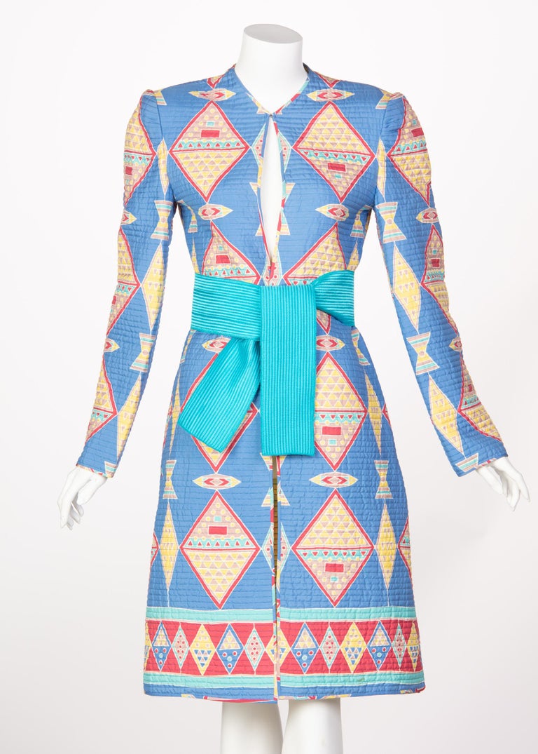 Mary McFadden Blue Silk Quilted Belted Duster Coat, 1980s