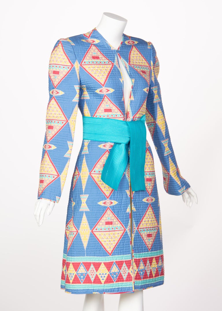 Mary McFadden Blue Silk Quilted Belted Duster Coat, 1980s