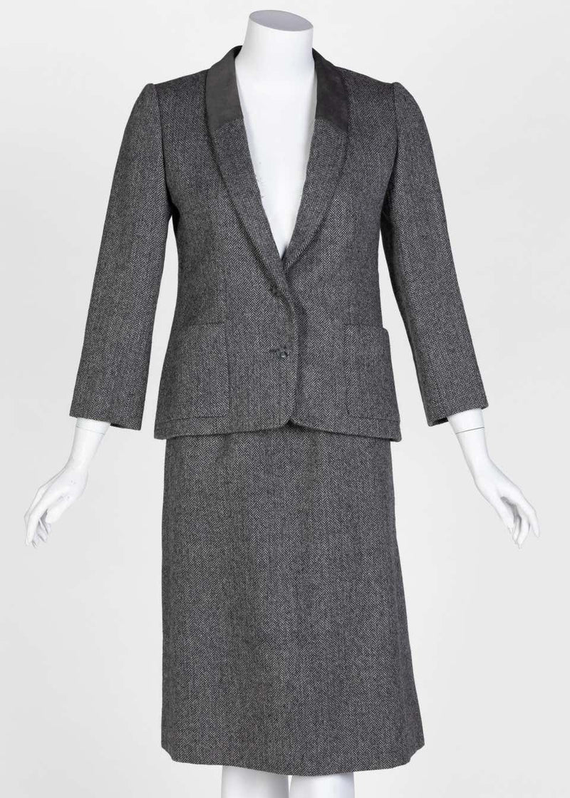 Christian Dior Haute Couture Gray Herringbone Belted Skirt Suit, 1978