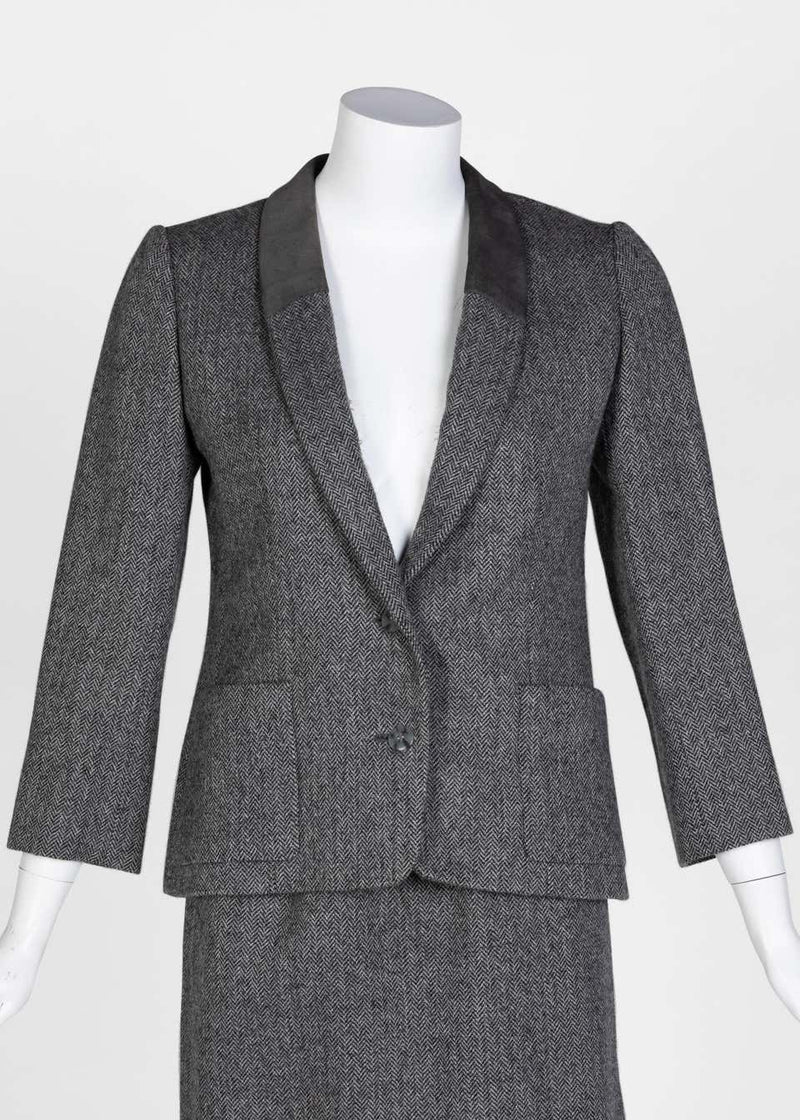 Christian Dior Haute Couture Gray Herringbone Belted Skirt Suit, 1978