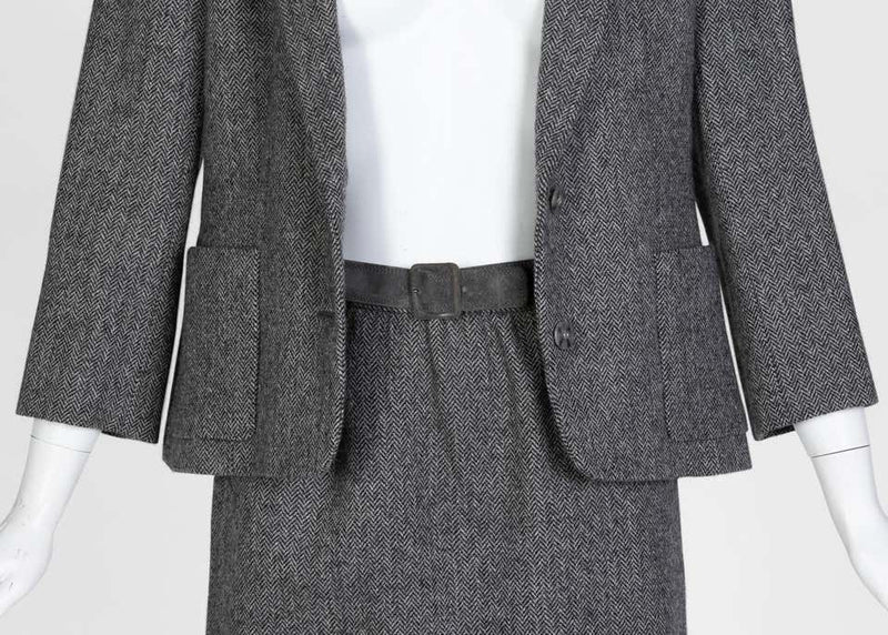 Christian Dior Haute Couture Gray Herringbone Belted Skirt Suit, 1978