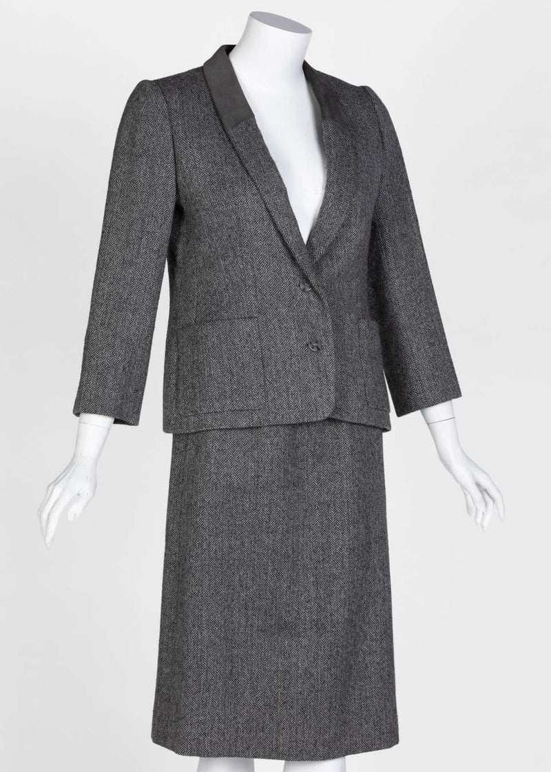 Christian Dior Haute Couture Gray Herringbone Belted Skirt Suit, 1978