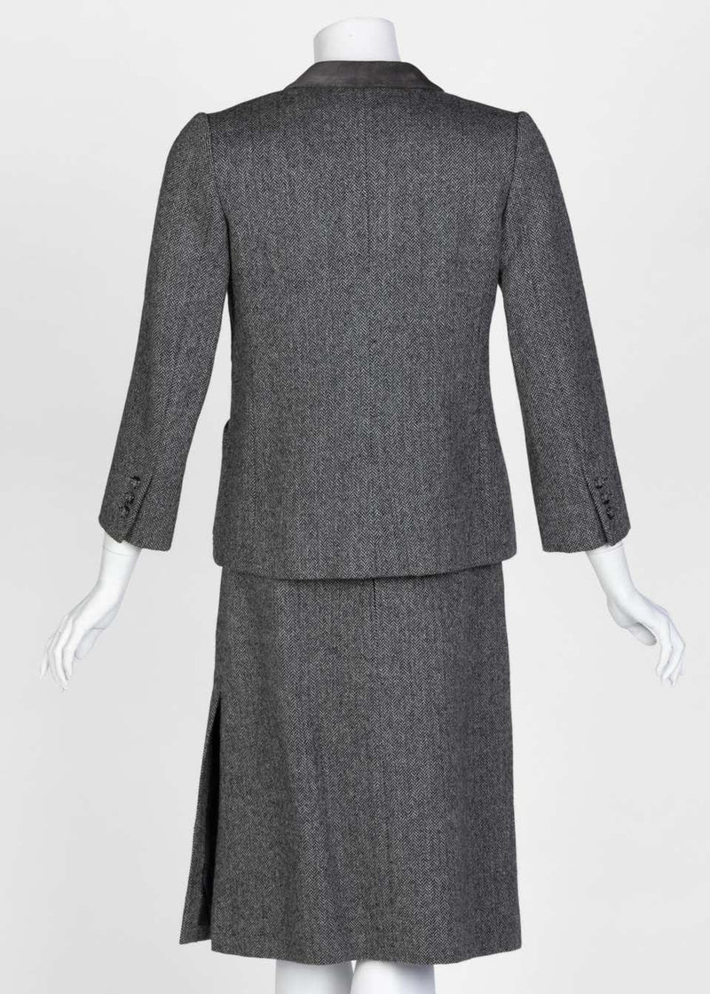 Christian Dior Haute Couture Gray Herringbone Belted Skirt Suit, 1978