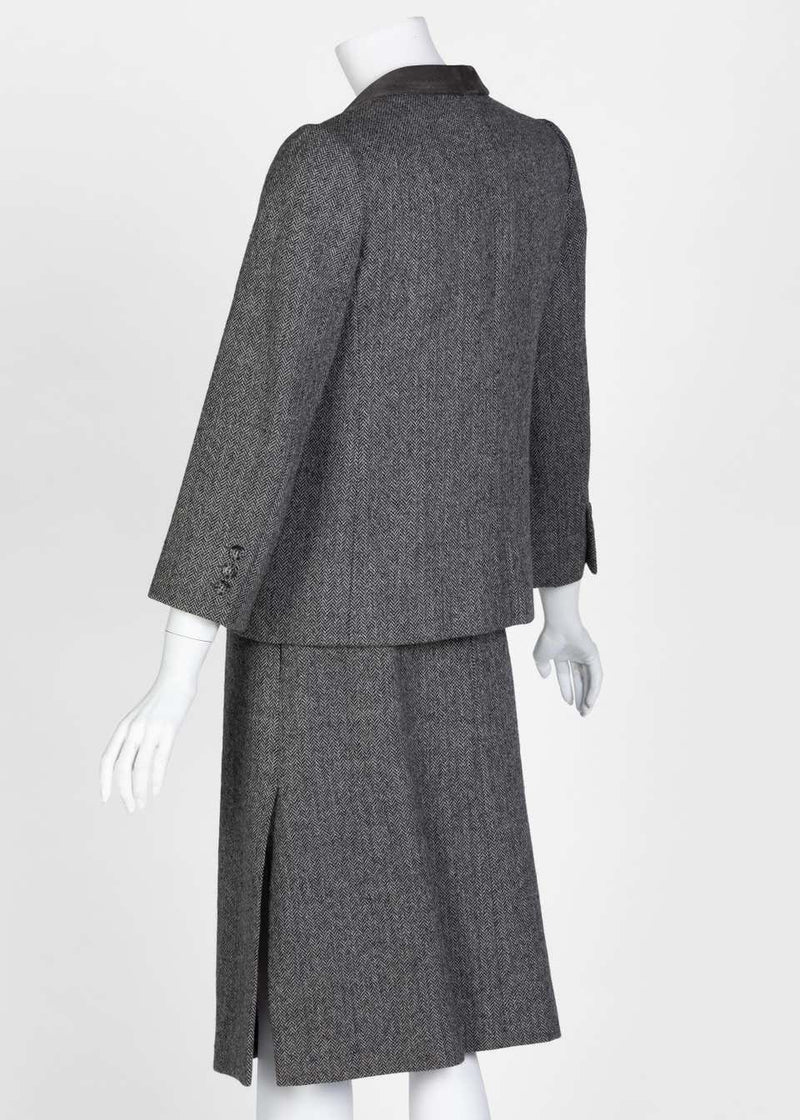 Christian Dior Haute Couture Gray Herringbone Belted Skirt Suit, 1978