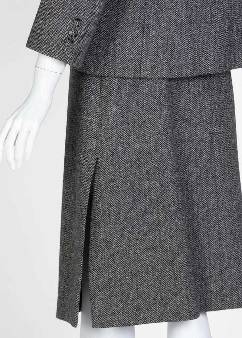 Christian Dior Haute Couture Gray Herringbone Belted Skirt Suit, 1978