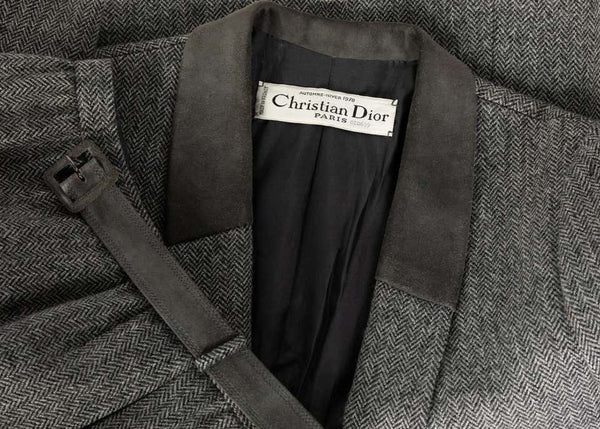 Christian Dior Haute Couture Gray Herringbone Belted Skirt Suit, 1978