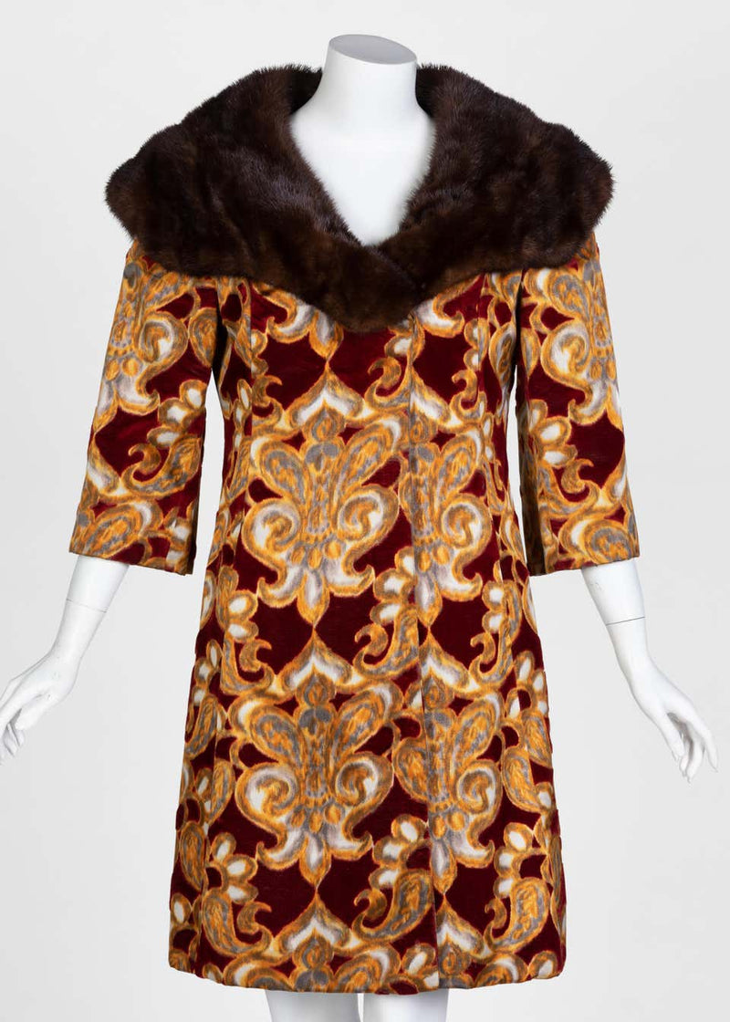 Galanos Couture Red Gold Velvet Fur Trimmed Coat & Dress Ensemble, 1982