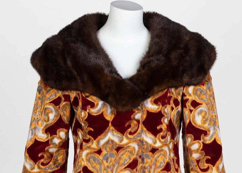 Galanos Couture Red Gold Velvet Fur Trimmed Coat & Dress Ensemble, 1982