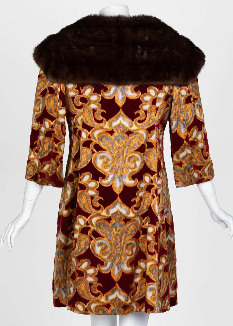 Galanos Couture Red Gold Velvet Fur Trimmed Coat & Dress Ensemble, 1982