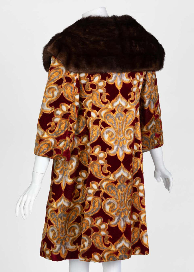 Galanos Couture Red Gold Velvet Fur Trimmed Coat & Dress Ensemble, 1982
